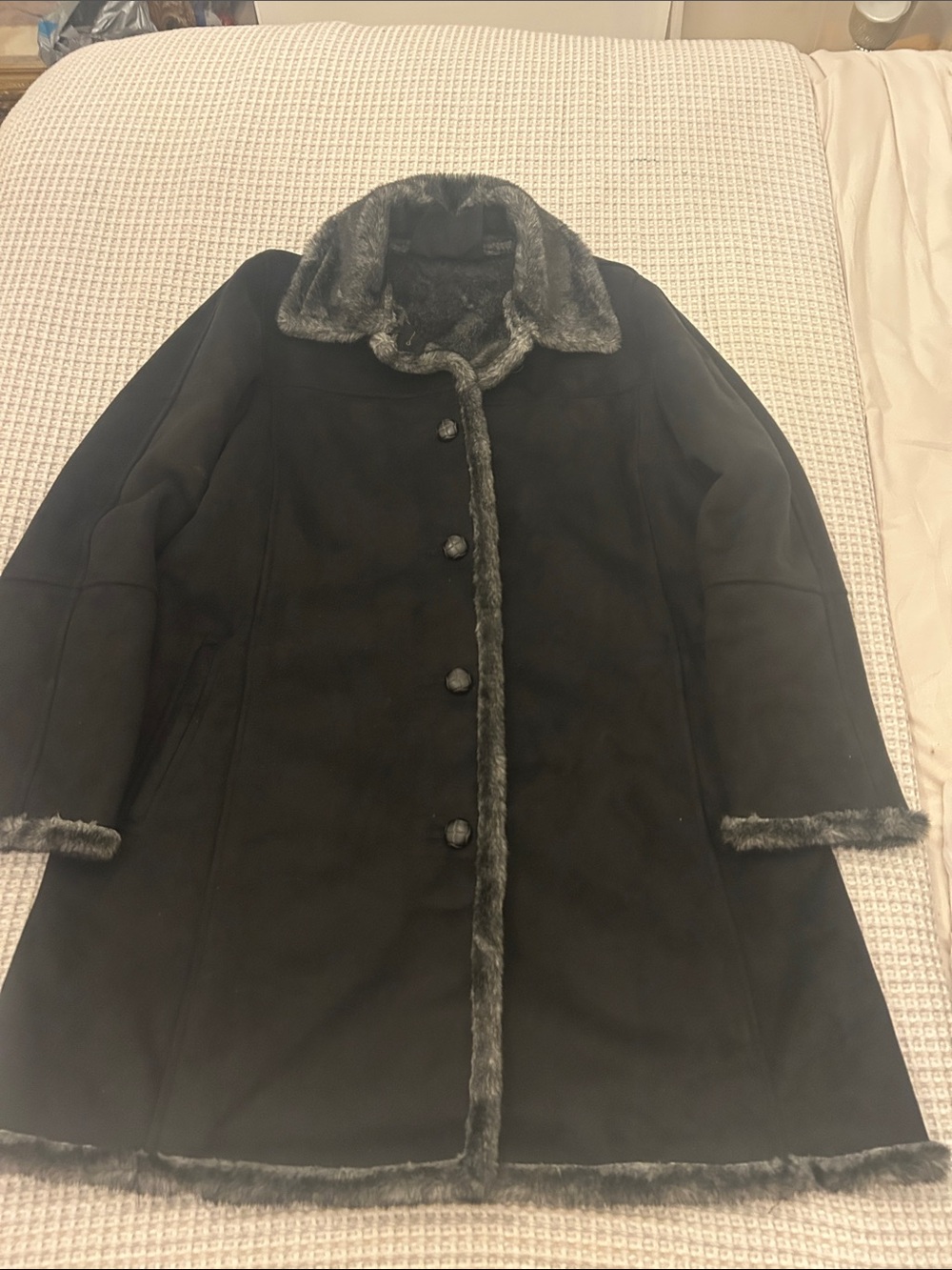Utex Black Trench Coat with Gray Faux-Fur Trim EUC